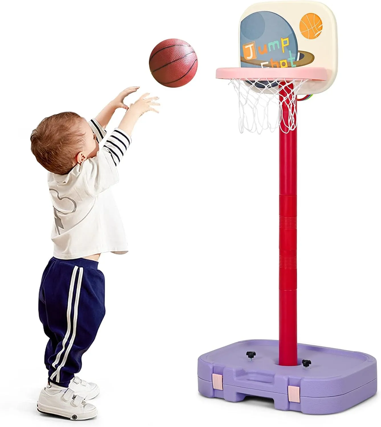 GLACER 2 in 1 Kids Basketball Hoop, Portable Toddler Basketball Hoop Toy Set with Adjustable Height, Ring Toss & Storage Box, Indoor Outdoor Basketball Hoop Stand for Boys Girls (Purple)