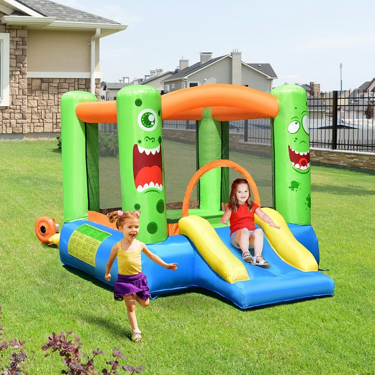 GLACER Inflatable Bounce House, Blow Up Jumping Castle with Slide, Jumping Area, Basketball Hoop, Oxford Carry Bag, Repair Kit, Indoor Outdoor Bouncy House for Kids, Backyard (with 480W Blower)