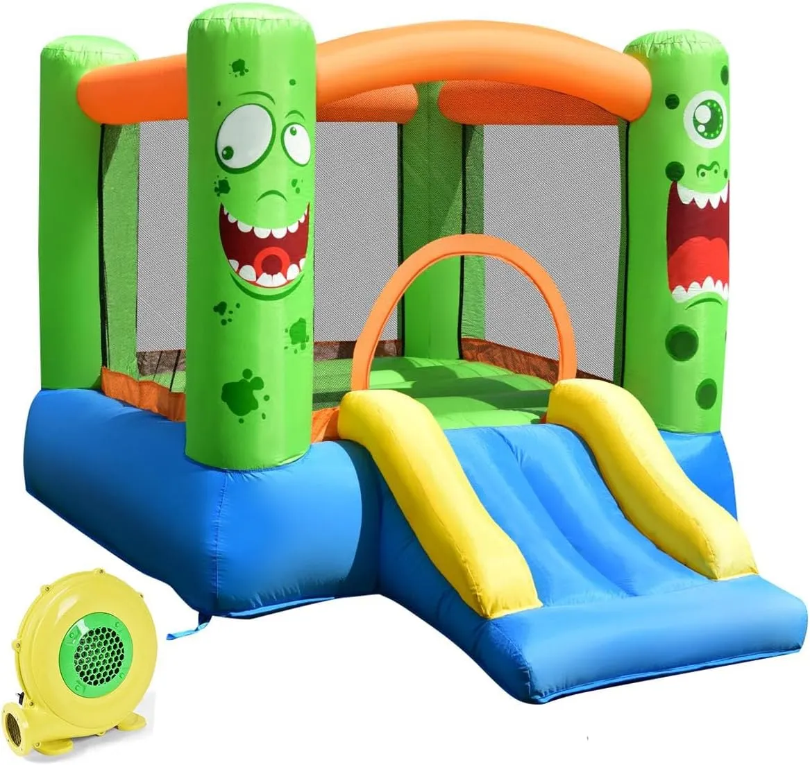 GLACER Inflatable Bounce House, Blow Up Jumping Castle with Slide, Jumping Area, Basketball Hoop, Oxford Carry Bag, Repair Kit, Indoor Outdoor Bouncy House for Kids, Backyard (with 480W Blower)