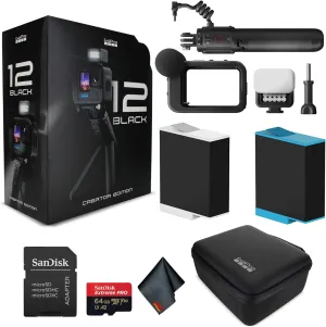 Go Pro HERO12 Black Creator Edition - Includes Volta (Battery Grip, Tripod, Remote), Media Mod, Light Mod, Enduro Battery - Waterproof Action Camera   64GB Extreme Pro Card and Extra Battery