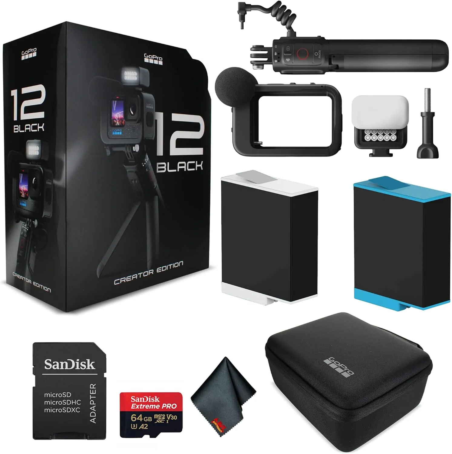 Go Pro HERO12 Black Creator Edition - Includes Volta (Battery Grip, Tripod, Remote), Media Mod, Light Mod, Enduro Battery - Waterproof Action Camera   64GB Extreme Pro Card and Extra Battery