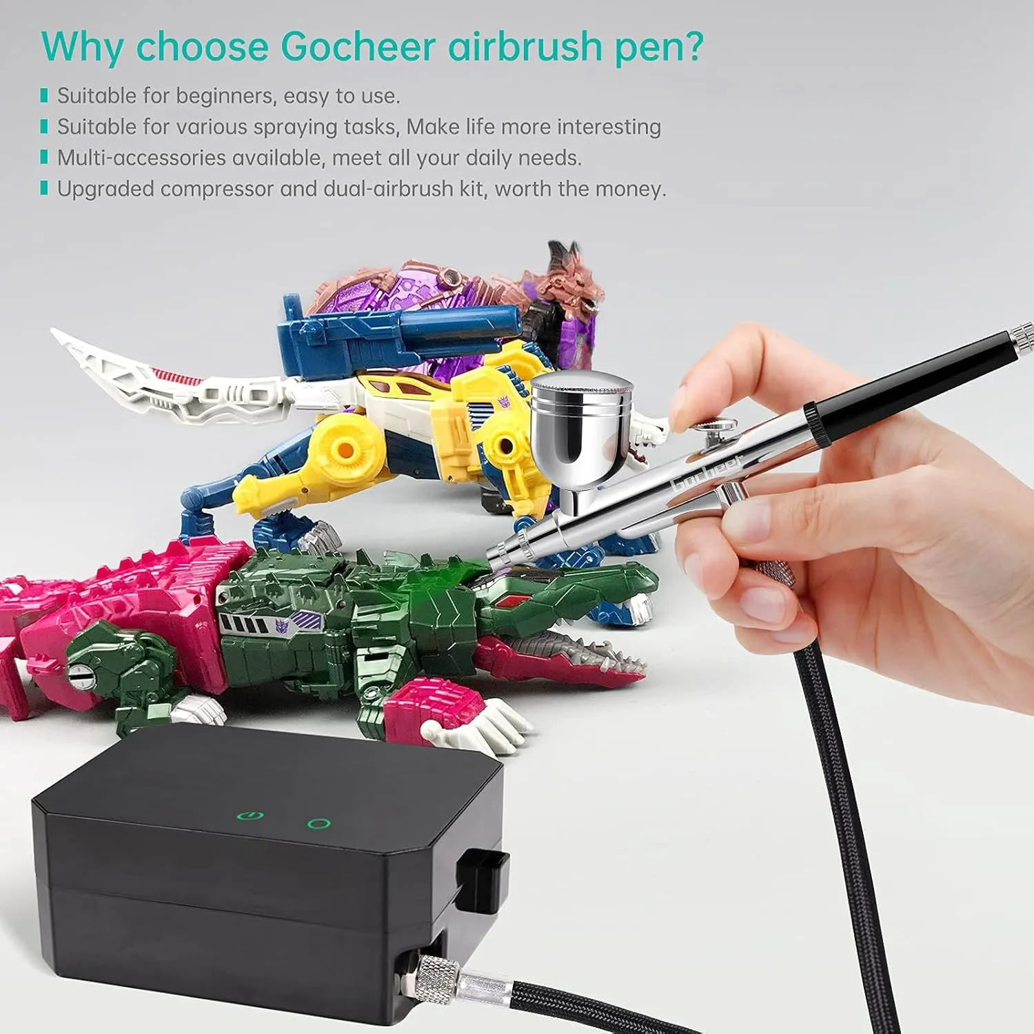 Gocheer Airbrush Kit with Air Compressor, 40 PSI High Pressure Air Brush Non-Clogging with 0.2/0.3/0.5mm Nozzle/Cleaning Sets, Ideal for Painting, Modeling, Cake Decor, Makeup