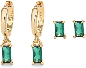 Gold Hoop Earrings With Green Drop, Huggie Hoops For Women & Men - 14K Gold, Hypoallergenic - 2PCS