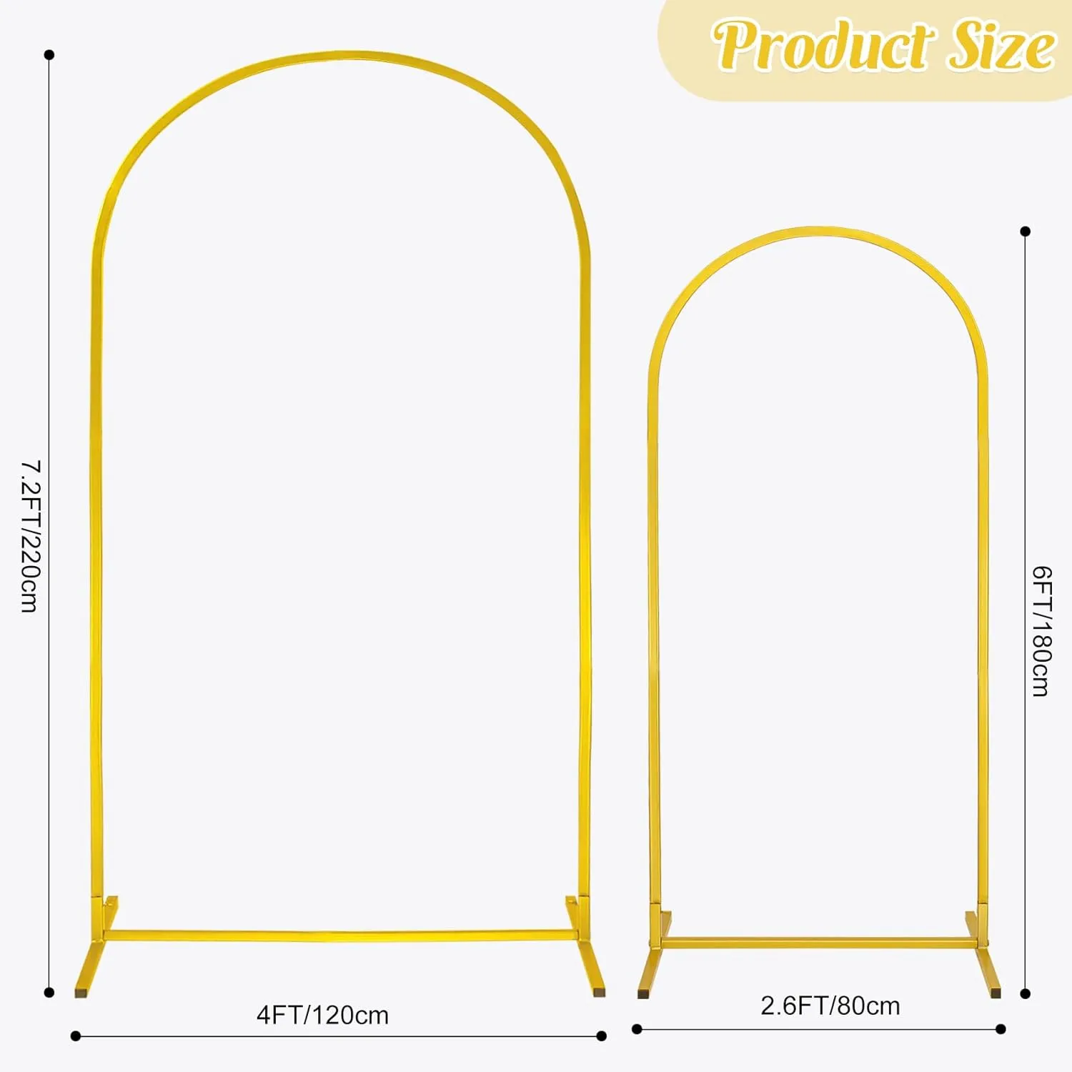 Gold Metal Arch Backdrop Stand 2 Set 7.2FT, 6FT Wedding Arch Stand Arched Door Frame for Birthday Party Baby Shower Ceremony Indoor Outdoor Celebration Decor (7.2FT, 6FT)