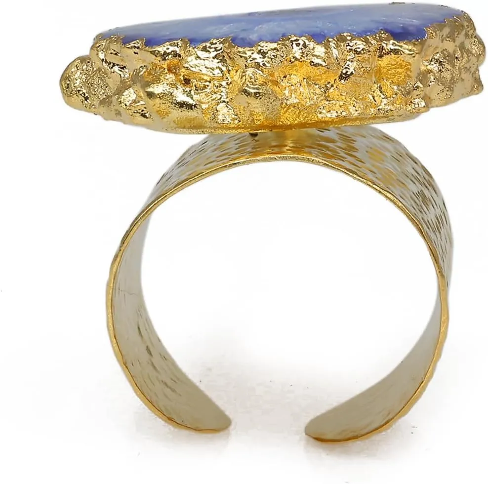 Gold Plated Handmade Hammered Boho Cuff Rings for Women, Solar Quartz Gemstone, Adjustable