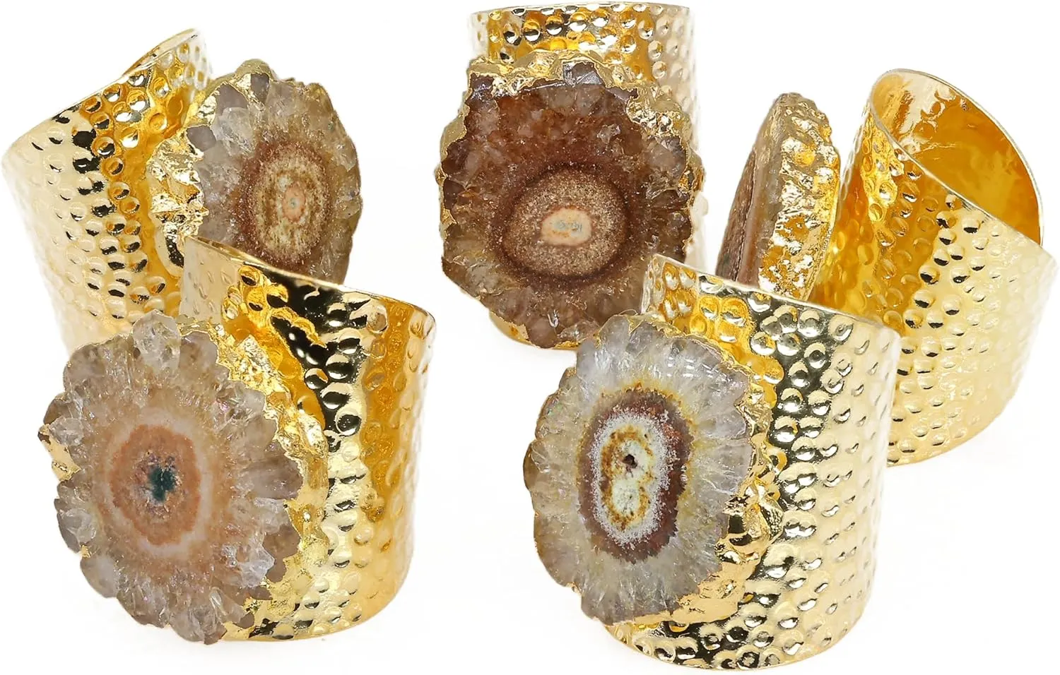 Gold Plated Handmade Hammered Boho Cuff Rings for Women, Solar Quartz Gemstone, Adjustable
