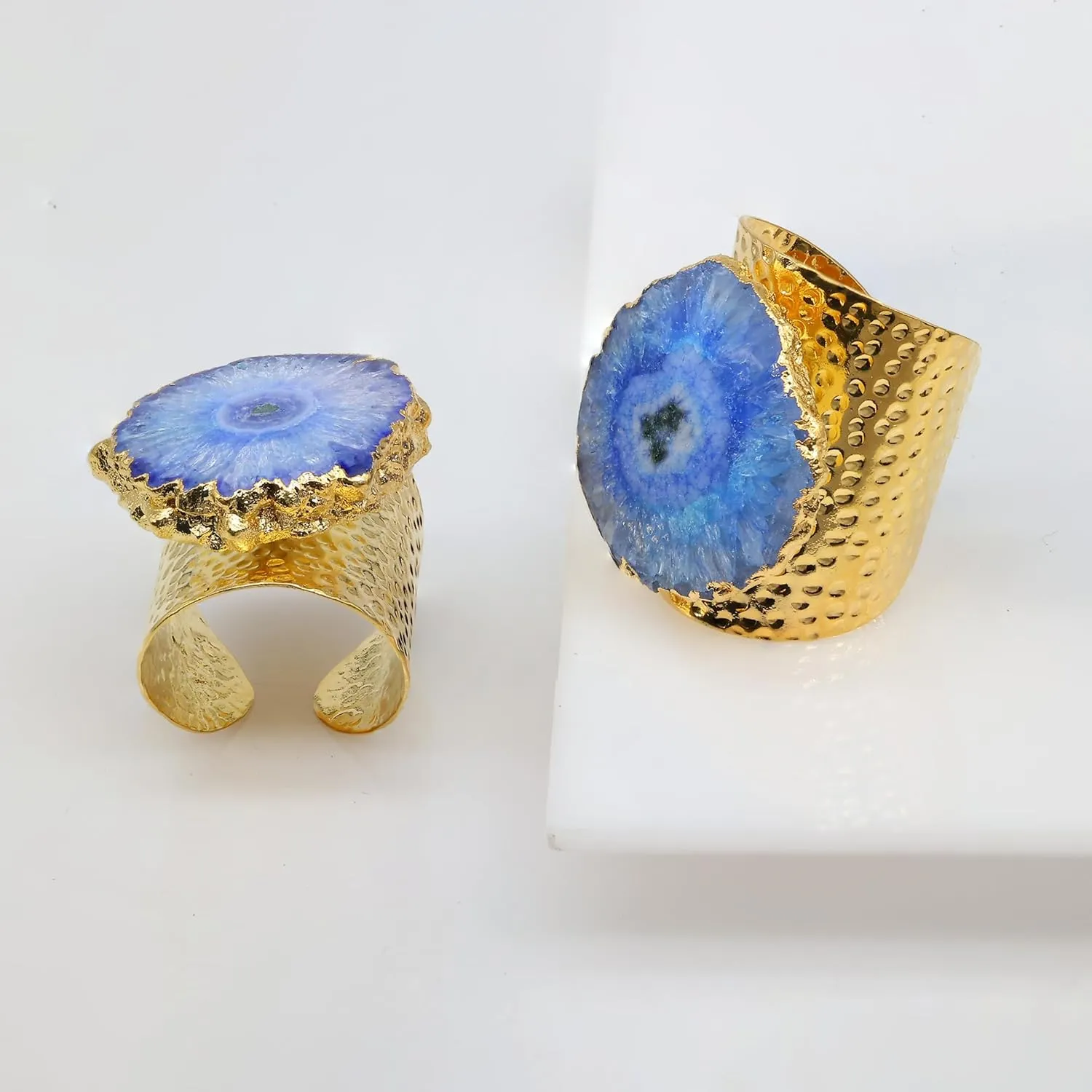 Gold Plated Handmade Hammered Boho Cuff Rings for Women, Solar Quartz Gemstone, Adjustable