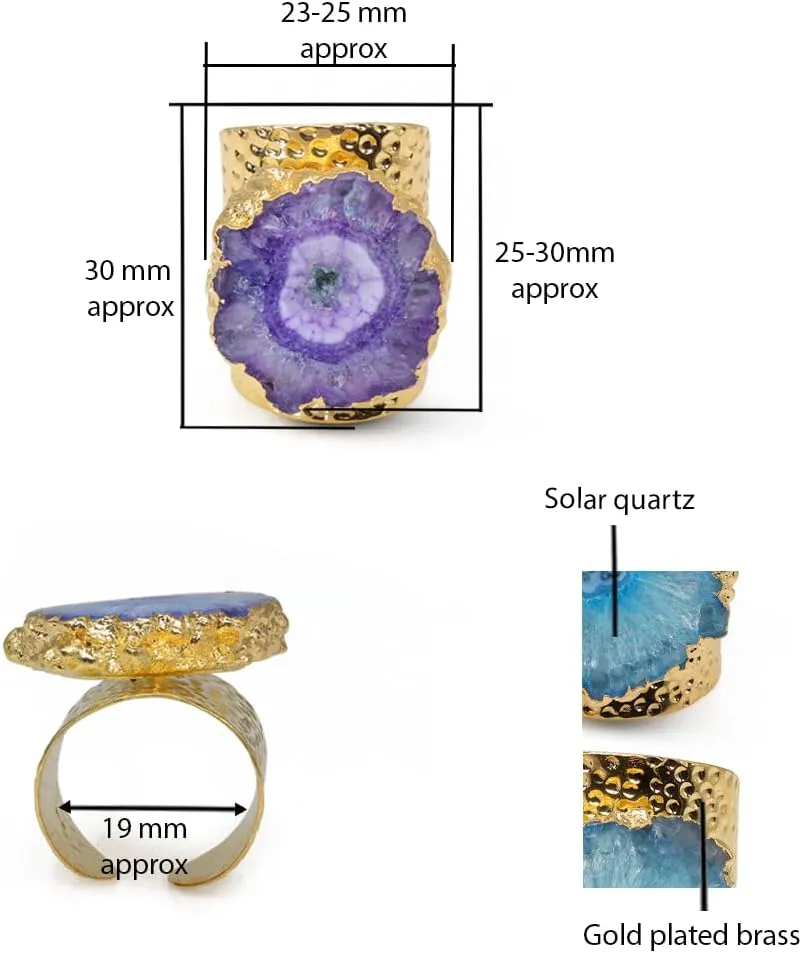 Gold Plated Handmade Hammered Boho Cuff Rings for Women, Solar Quartz Gemstone, Adjustable