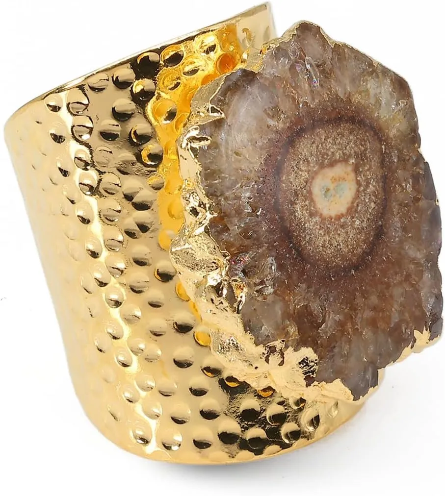 Gold Plated Handmade Hammered Boho Cuff Rings for Women, Solar Quartz Gemstone, Adjustable