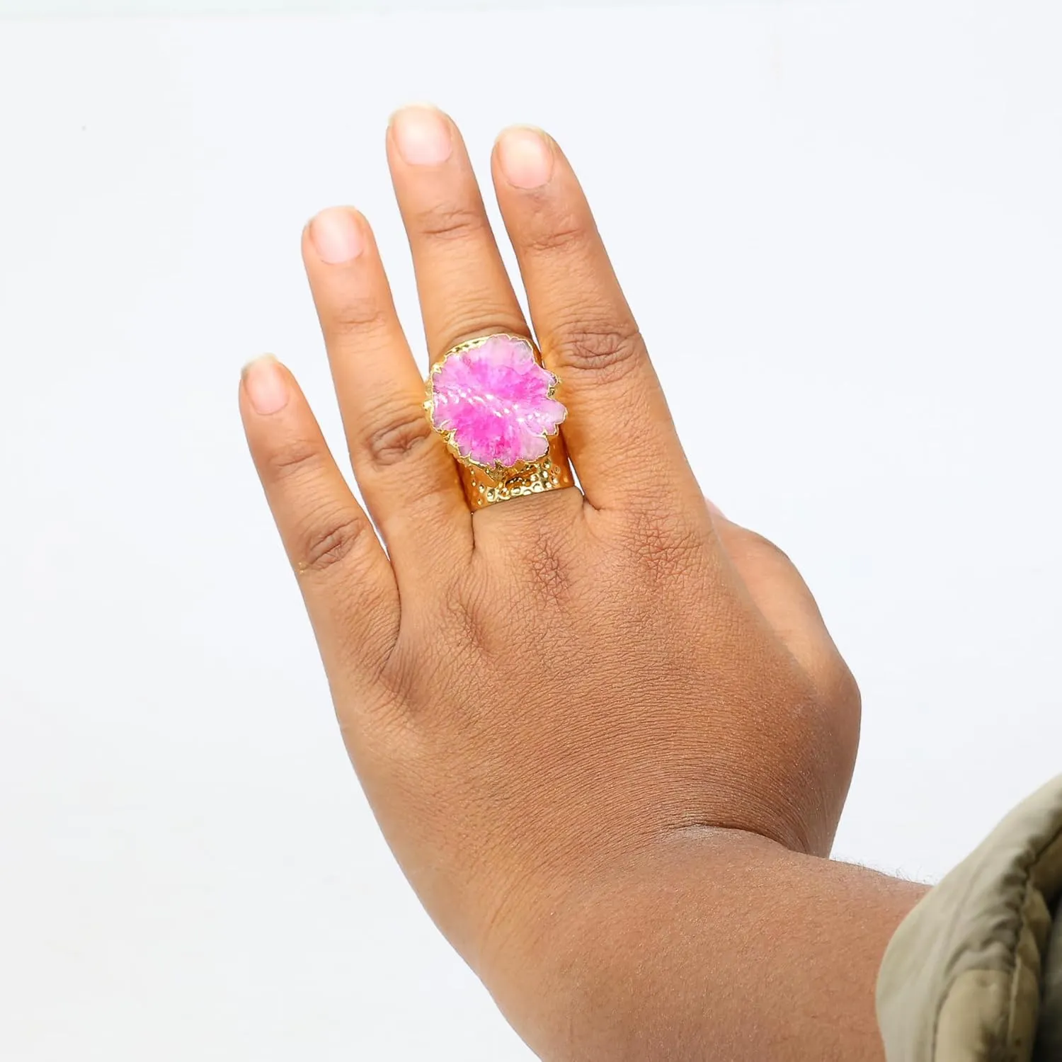 Gold Plated Handmade Hammered Boho Cuff Rings for Women, Solar Quartz Gemstone, Adjustable