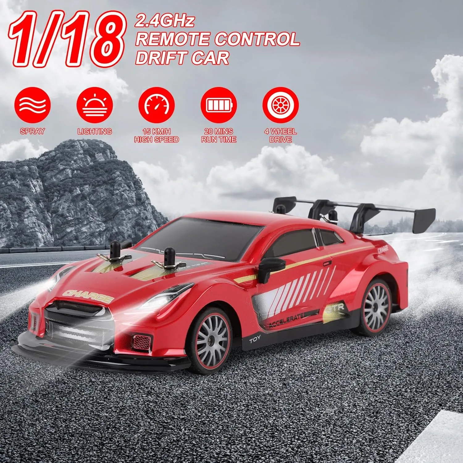 GoolRC Remote Control Drift Car, Spray RC Car, Rechargeable Drifting Vehicle with Spray and Lights, 2.4GHz RC Toy for Kids Boys Girls (2 Battery)