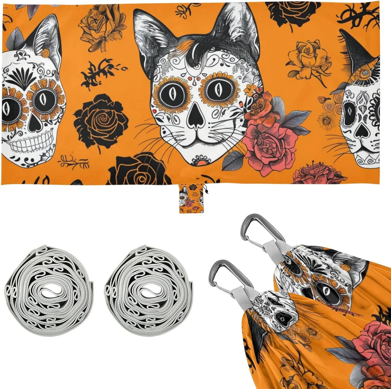 Gothic Skeleton Cat Hammocks for Camping with Hanging Rope Swing Hammock for Outside Beach Patio Garden