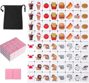 GRACIAS 2 Players Mahjong Block Set, Mahjong Tile Game with 66 Premium Pink Tiles(30mm) Animal and Food Pattern, Portable Mahjongg Set with A Carry Bag