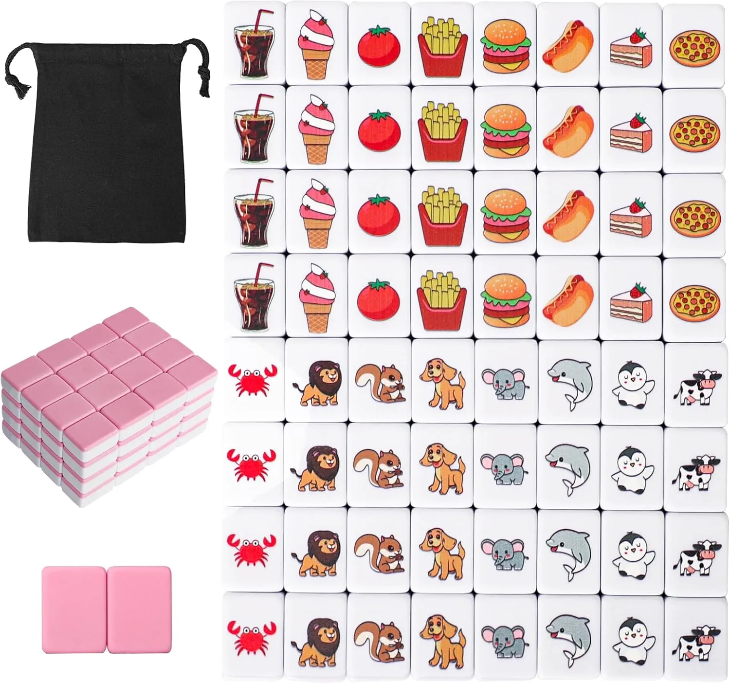 GRACIAS 2 Players Mahjong Block Set, Mahjong Tile Game with 66 Premium Pink Tiles(30mm) Animal and Food Pattern, Portable Mahjongg Set with A Carry Bag