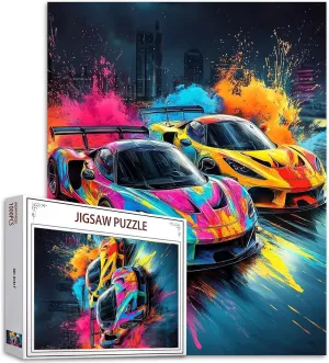 Graffitic Sportcar 1000 Piece Jigsaw Puzzles for Adults Racing Car Paintings Jigsaw Puzzle Yellow Automobile Puzzles for Challenging Family Activity Citycape Art DIY Puzzle Decor Nordics Gifts(Pink)