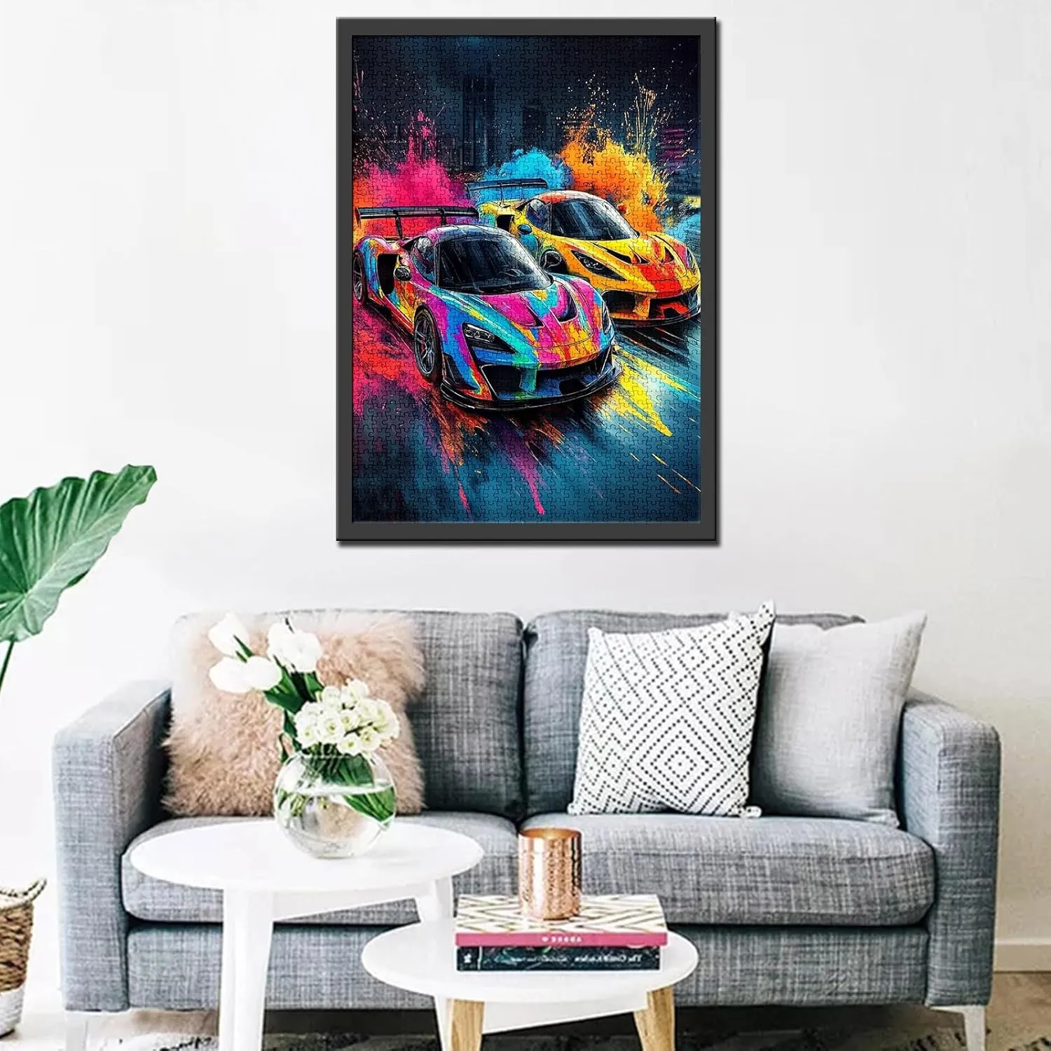 Graffitic Sportcar 1000 Piece Jigsaw Puzzles for Adults Racing Car Paintings Jigsaw Puzzle Yellow Automobile Puzzles for Challenging Family Activity Citycape Art DIY Puzzle Decor Nordics Gifts(Pink)