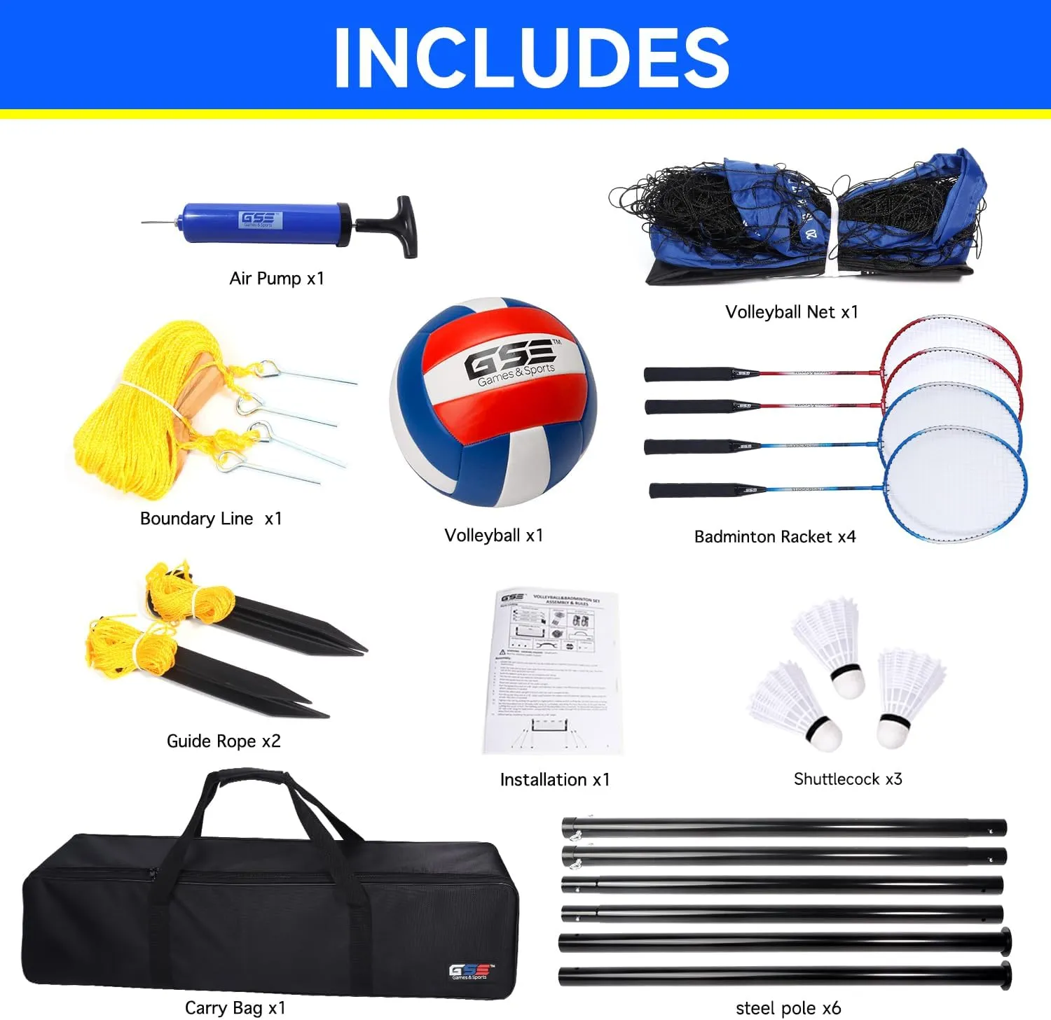 GSE Games & Sports Expert Outdoor Yard Sports Net Game Set for Backyards, Parks, Beach, Lawn. Volleyball Set, Badminton Set OR Volleyball & Badminton Combo Set Available