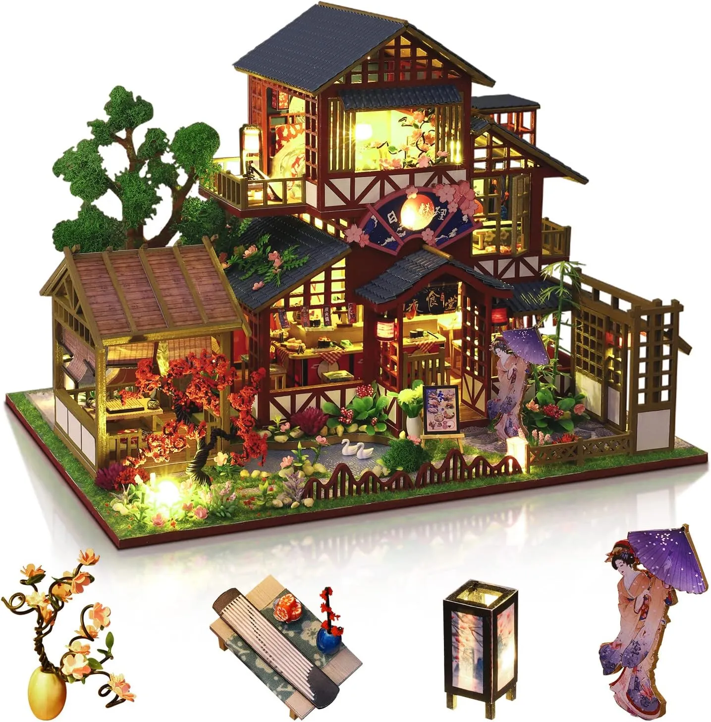 GuDoQi DIY Miniature Dollhouse Kit, 1:24 Scale Tiny House with Music Plant, Model Craft Kit for Adults, Great Handmade Gift for Birthday Easter Day, Japanese Villa Courtyard