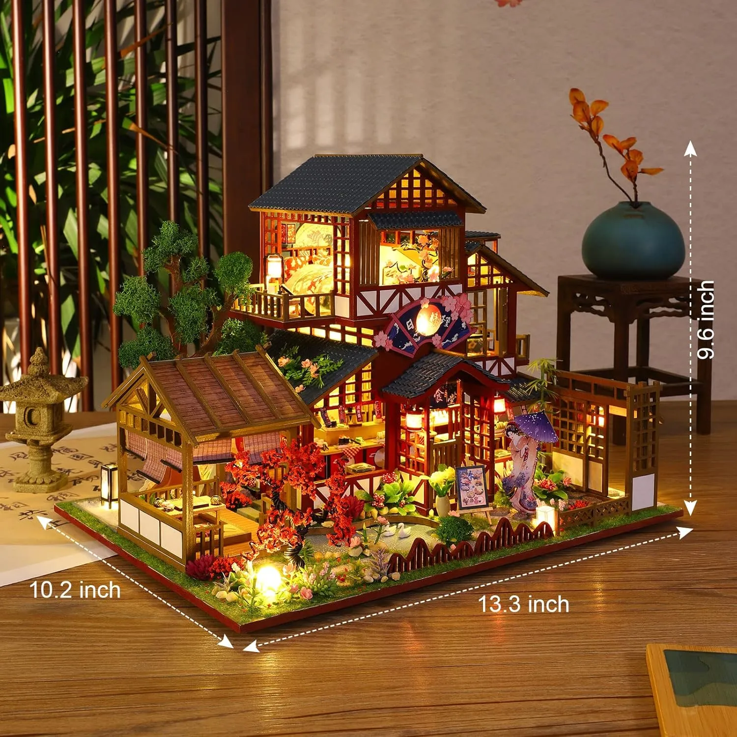 GuDoQi DIY Miniature Dollhouse Kit, 1:24 Scale Tiny House with Music Plant, Model Craft Kit for Adults, Great Handmade Gift for Birthday Easter Day, Japanese Villa Courtyard