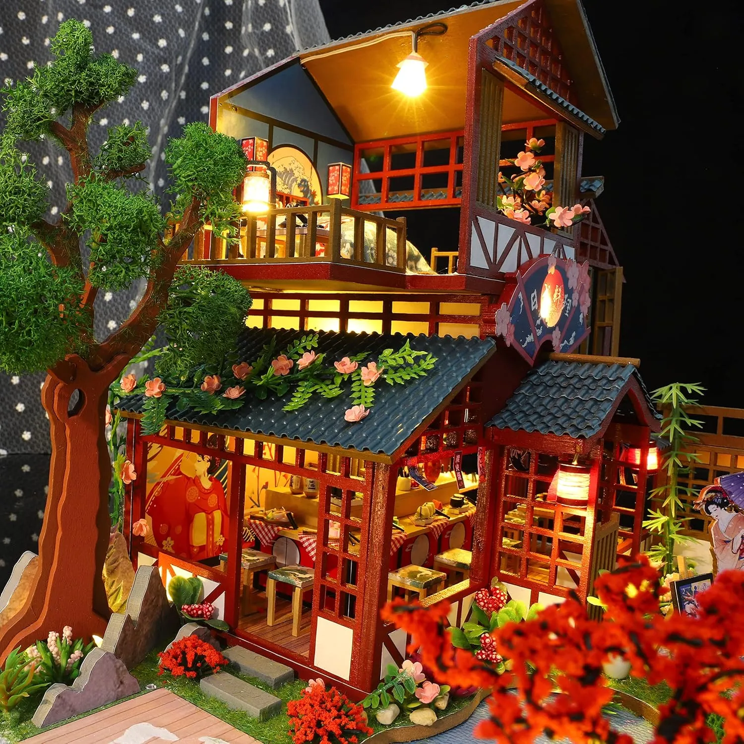 GuDoQi DIY Miniature Dollhouse Kit, 1:24 Scale Tiny House with Music Plant, Model Craft Kit for Adults, Great Handmade Gift for Birthday Easter Day, Japanese Villa Courtyard