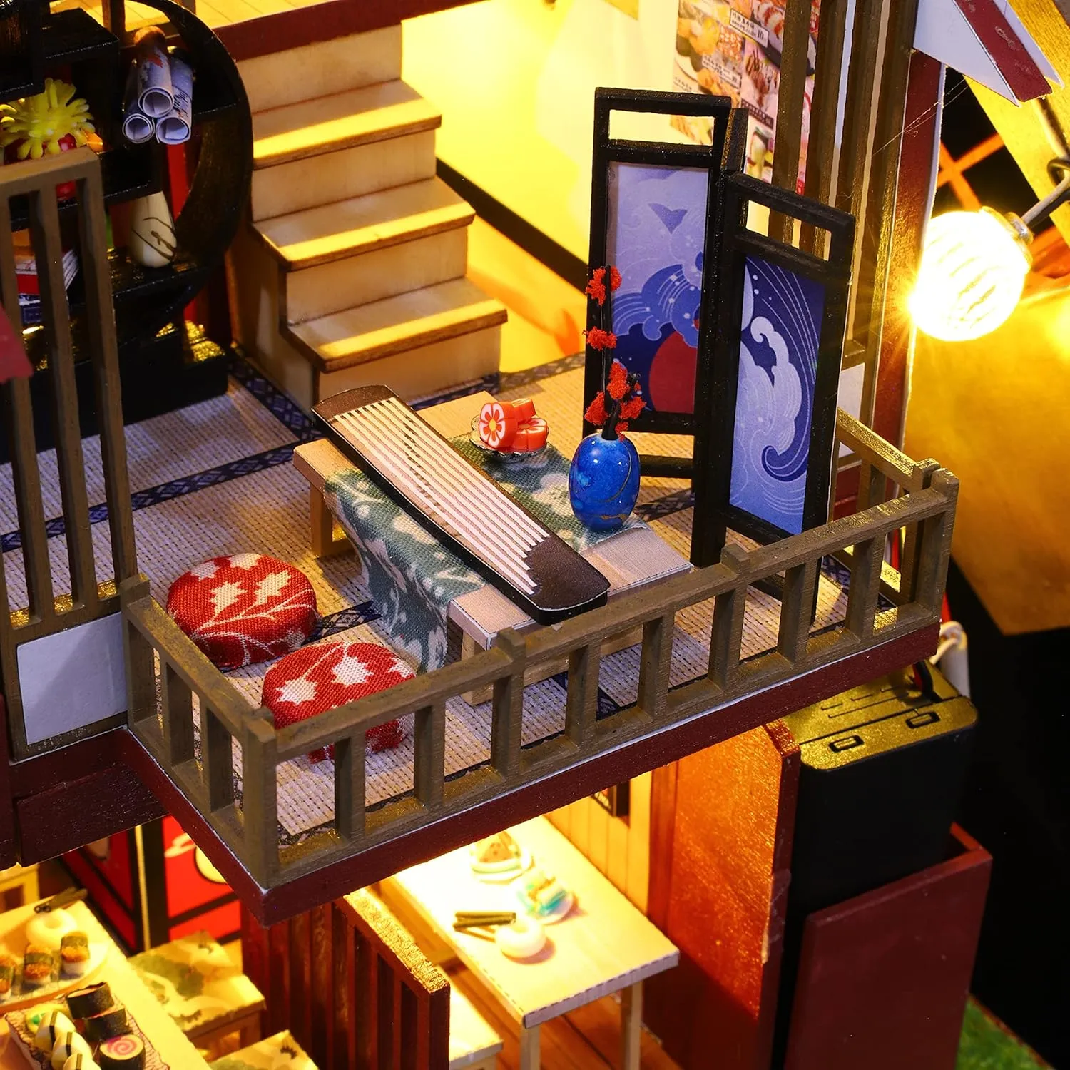 GuDoQi DIY Miniature Dollhouse Kit, 1:24 Scale Tiny House with Music Plant, Model Craft Kit for Adults, Great Handmade Gift for Birthday Easter Day, Japanese Villa Courtyard