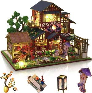 GuDoQi DIY Miniature Dollhouse Kit, 1:24 Scale Tiny House with Music Plant, Model Craft Kit for Adults, Great Handmade Gift for Birthday Easter Day, Japanese Villa Courtyard