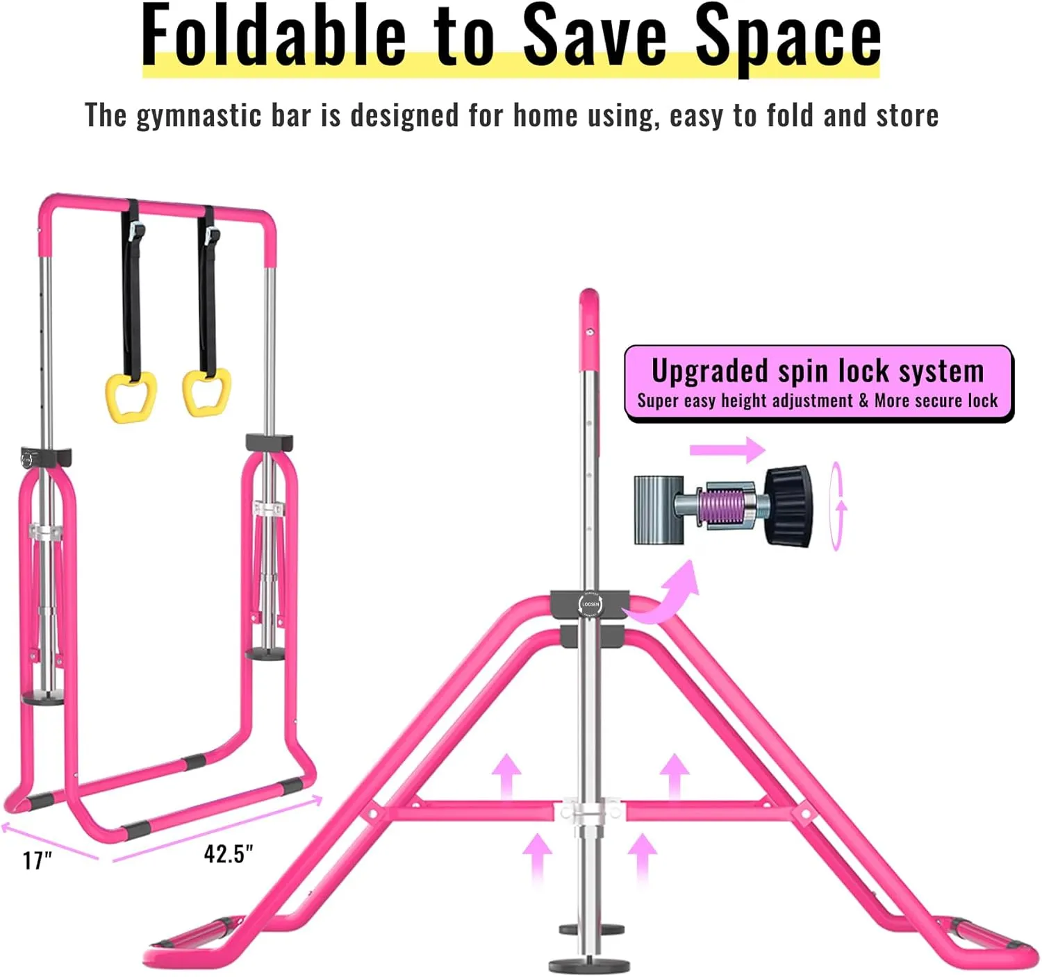 Gymnastic Bars for Kids, Horizontal Bars with Adjustable Height, Folding Gymnastic Training Kip Bar with Rings, Expandable Bars for Boys and Girls, Gymnastic Training Equipment for Home