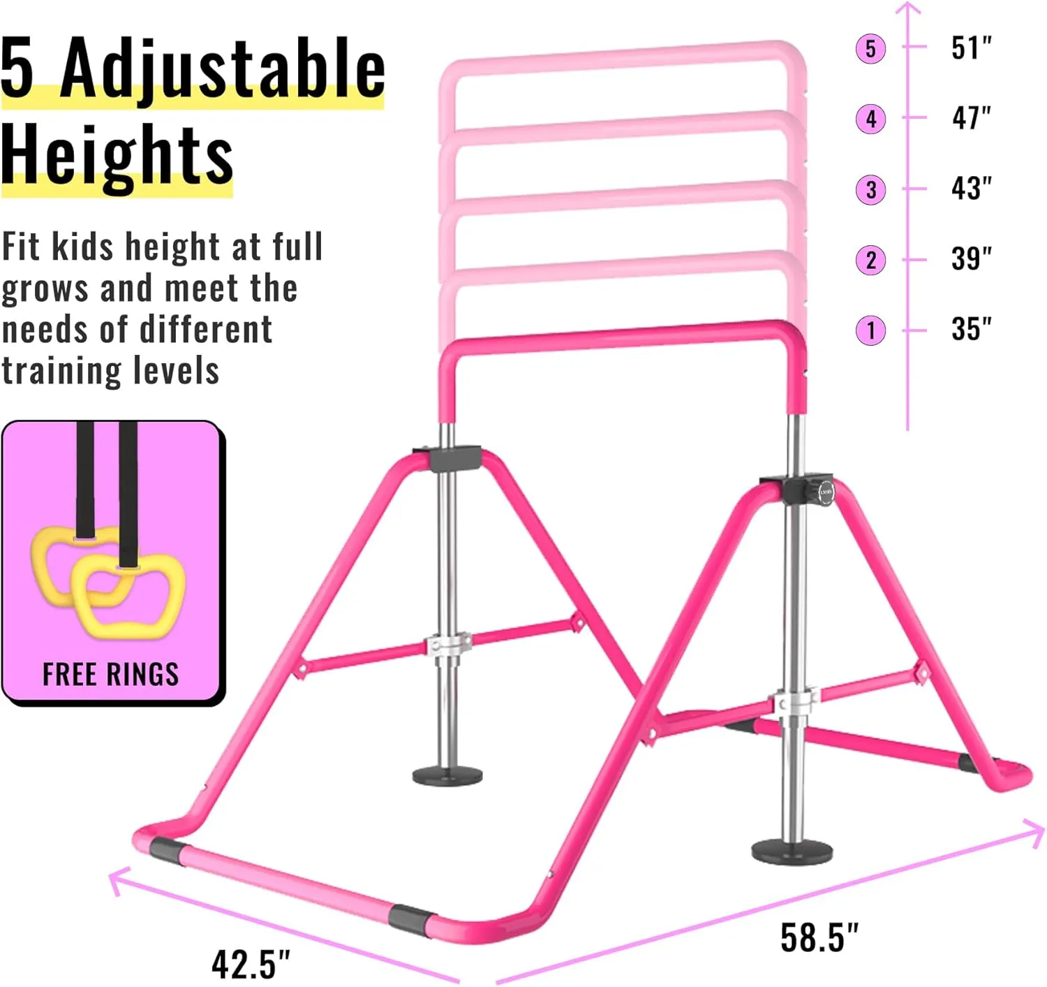 Gymnastic Bars for Kids, Horizontal Bars with Adjustable Height, Folding Gymnastic Training Kip Bar with Rings, Expandable Bars for Boys and Girls, Gymnastic Training Equipment for Home