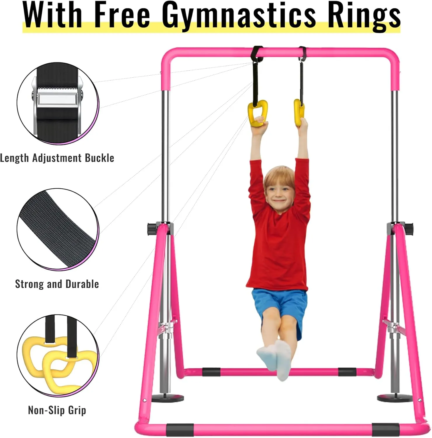 Gymnastic Bars for Kids, Horizontal Bars with Adjustable Height, Folding Gymnastic Training Kip Bar with Rings, Expandable Bars for Boys and Girls, Gymnastic Training Equipment for Home