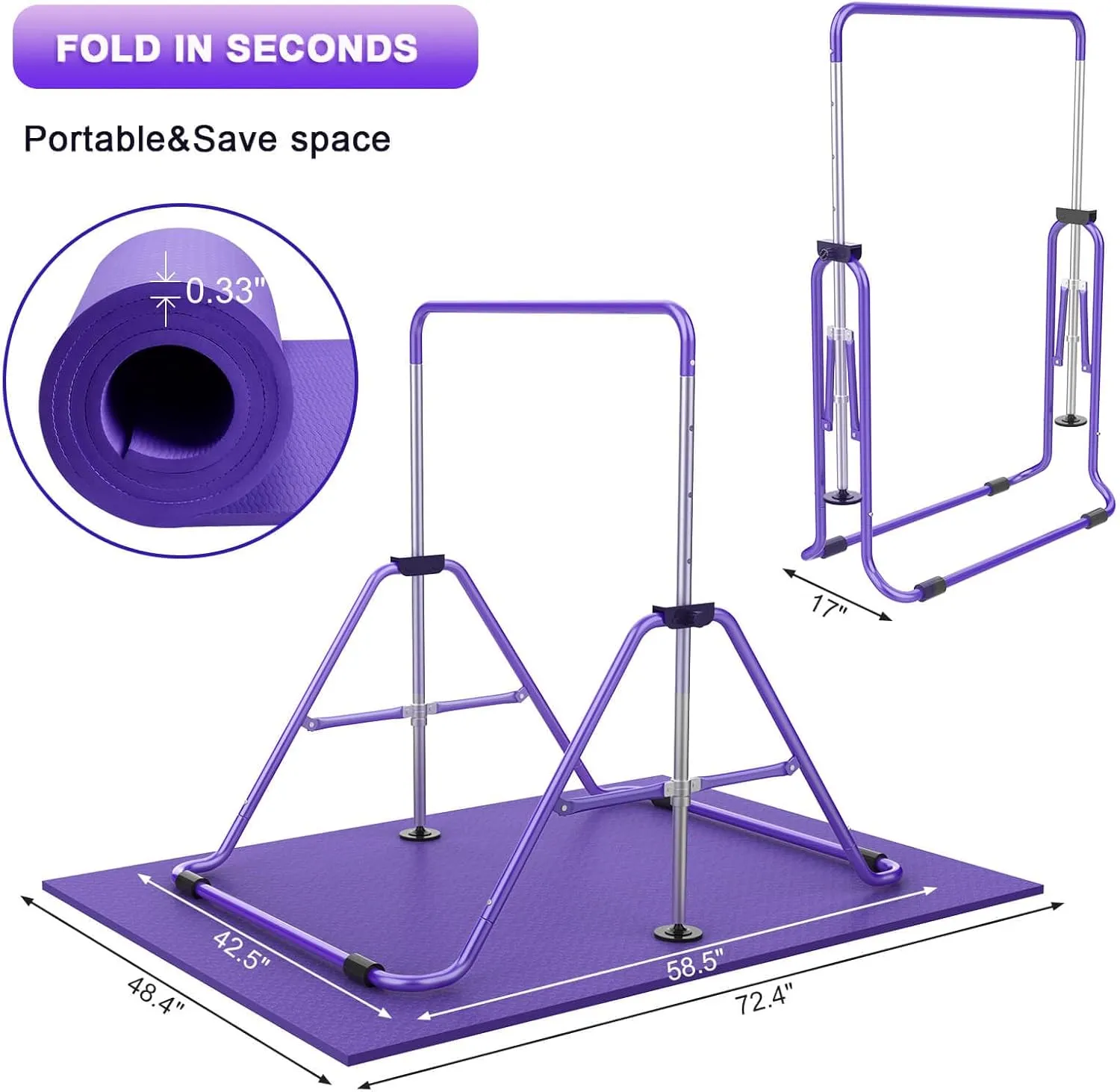 Gymnastic Bars for Kids with Adjustable Height, Folding Gymnastic Training Kip Bar, Junior Expandable Horizontal Monkey Bar for Home