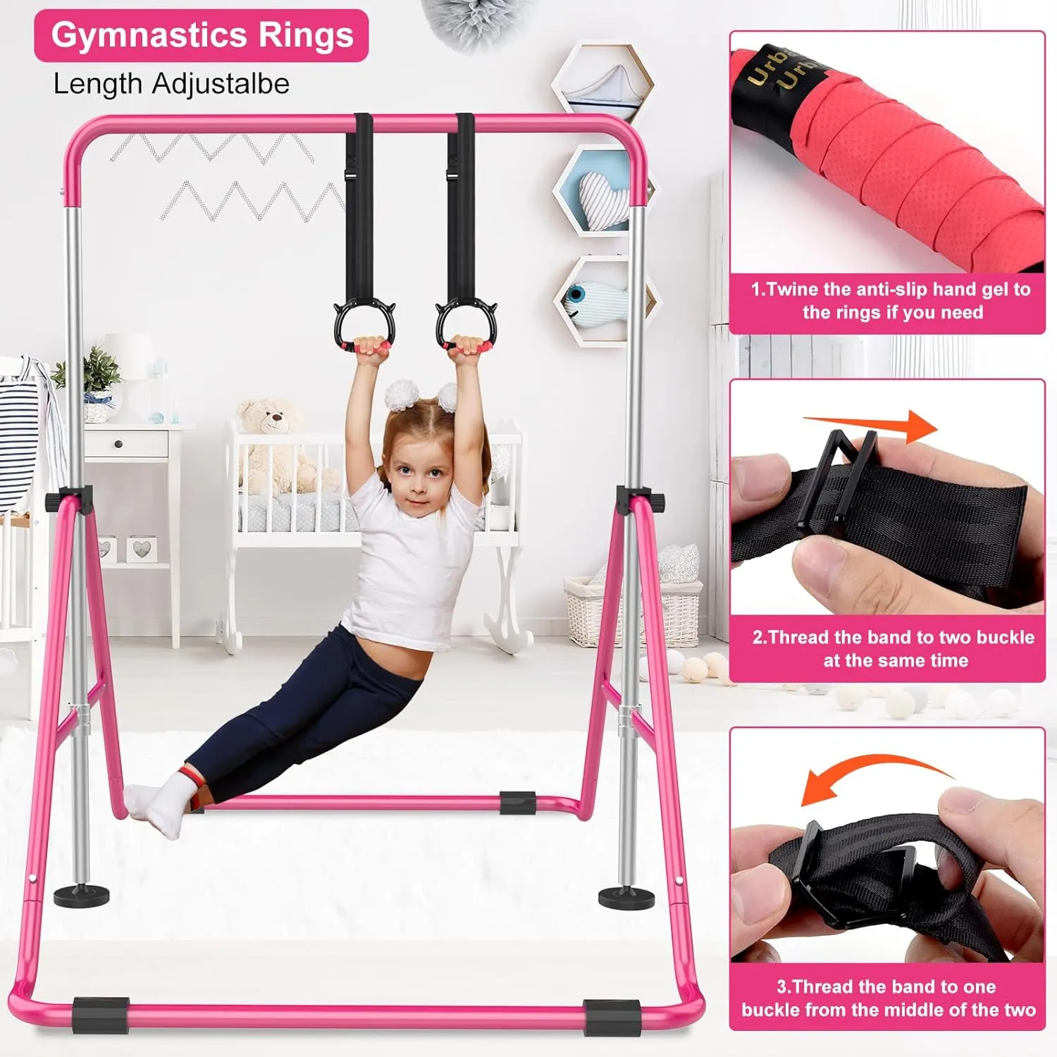Gymnastic Bars for Kids with Adjustable Height, Folding Gymnastic Training Kip Bar, Junior Expandable Horizontal Monkey Bar for Home