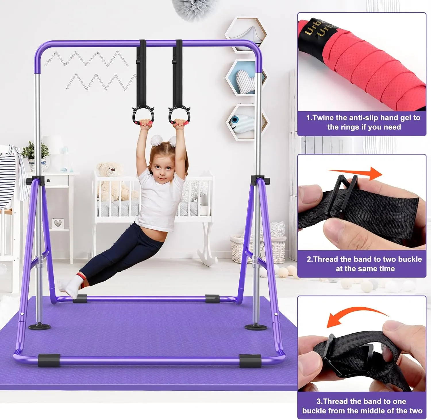 Gymnastic Bars for Kids with Adjustable Height, Folding Gymnastic Training Kip Bar, Junior Expandable Horizontal Monkey Bar for Home
