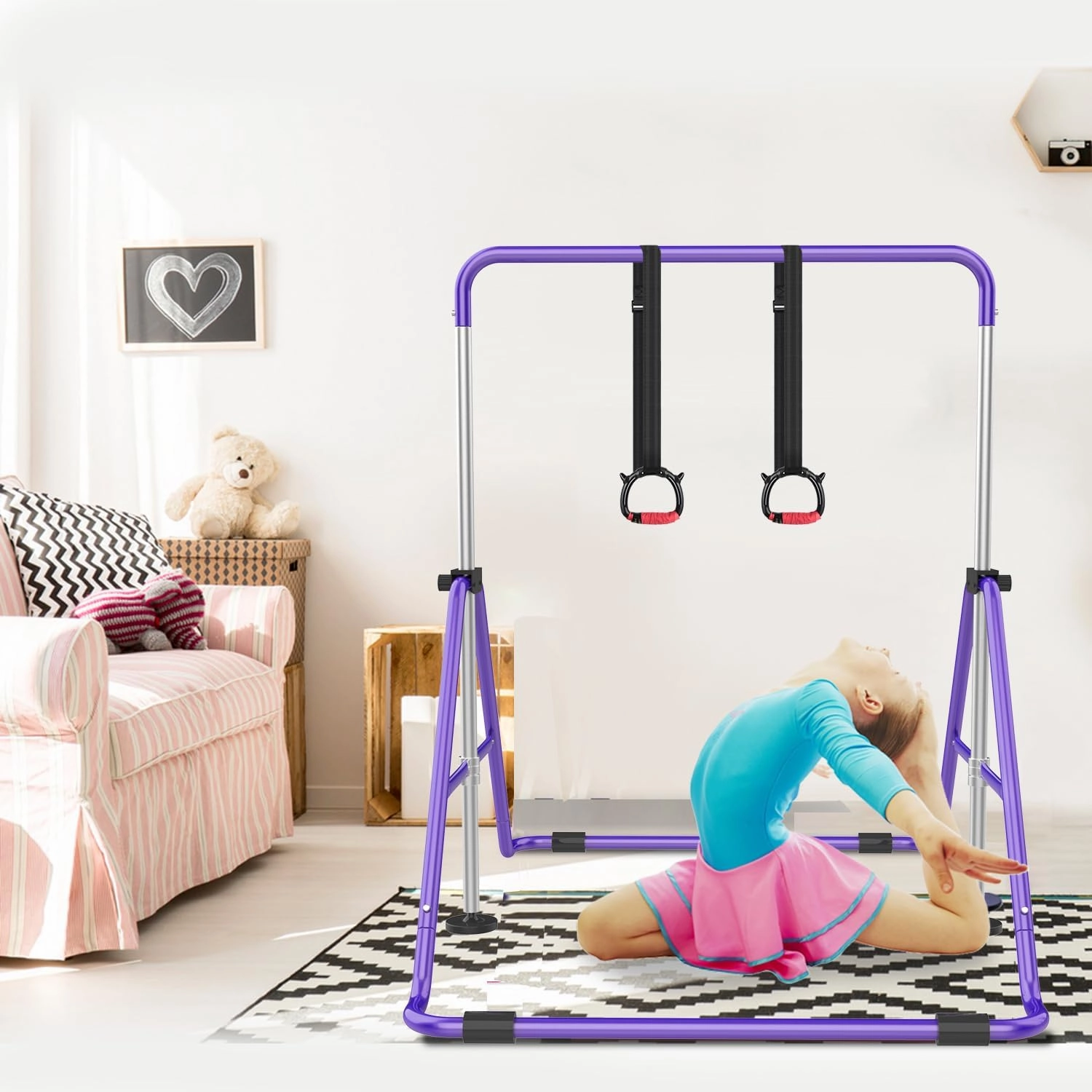 Gymnastic Bars for Kids with Adjustable Height, Folding Gymnastic Training Kip Bar, Junior Expandable Horizontal Monkey Bar for Home