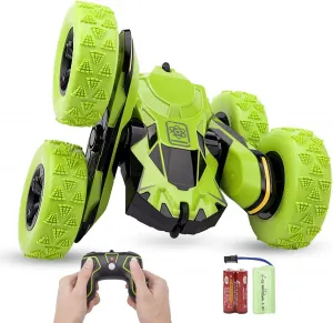 Haktoys Remote Control Stunt Car, Green RC Truck, Rechargeable with Flashing LED Lights & Quiet Play Mode Tumbling Spinning Action RC Car for Kids