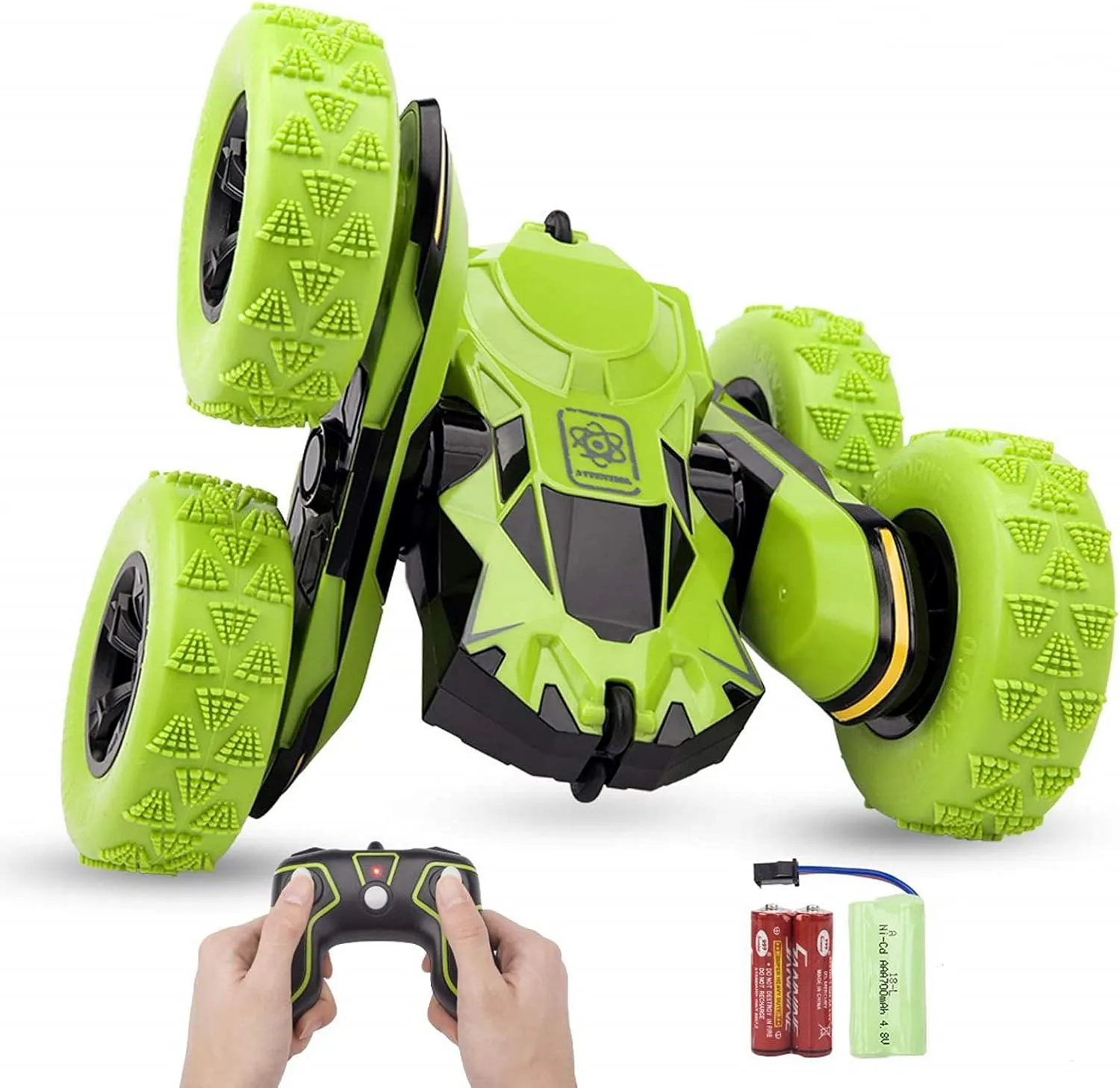 Haktoys Remote Control Stunt Car, Green RC Truck, Rechargeable with Flashing LED Lights & Quiet Play Mode Tumbling Spinning Action RC Car for Kids