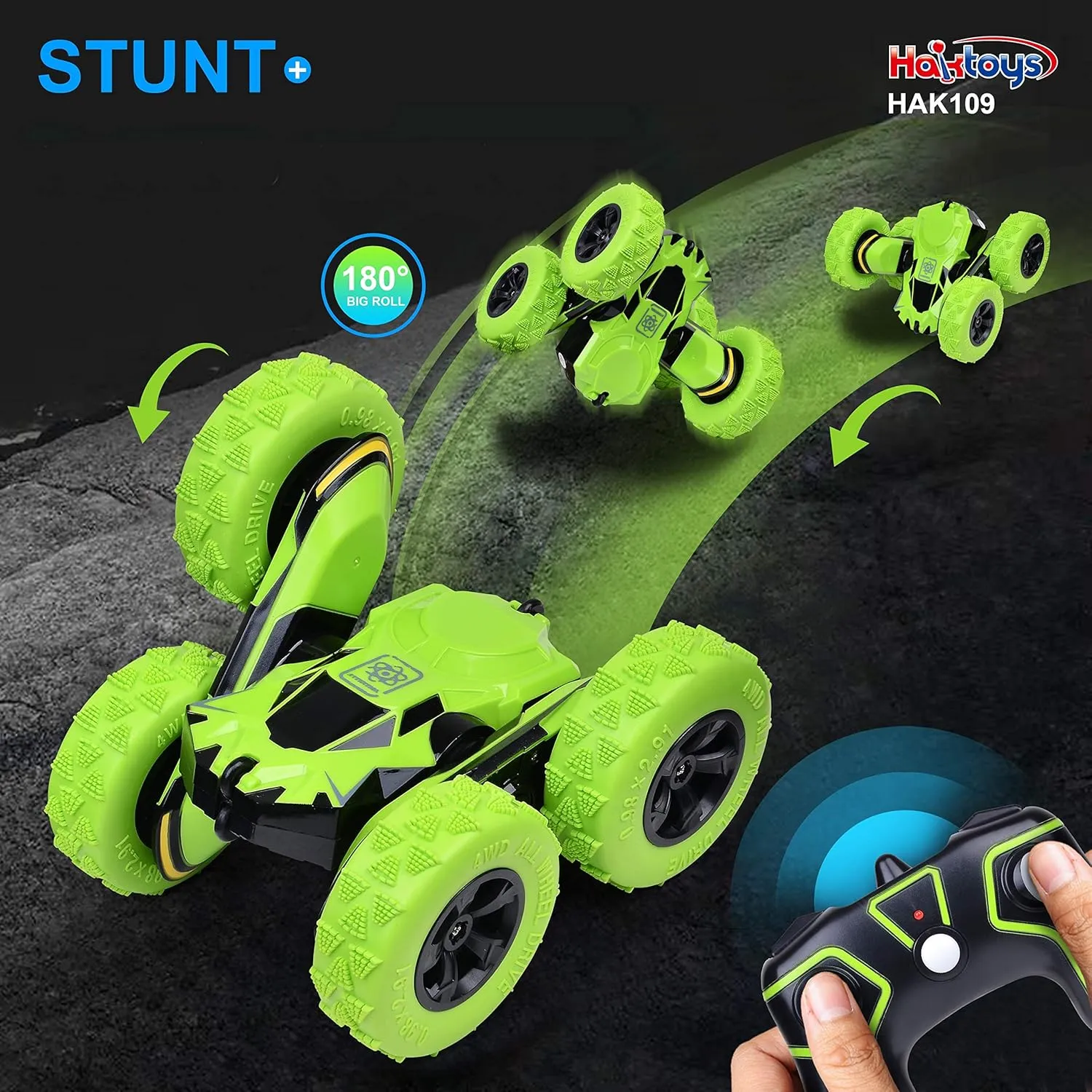 Haktoys Remote Control Stunt Car, Green RC Truck, Rechargeable with Flashing LED Lights & Quiet Play Mode Tumbling Spinning Action RC Car for Kids