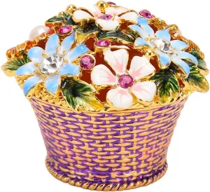 Hand Painted Trinket Box Flower Basket Jewelry Box Exquisite Vintage Hand Painted Metal Trinket Box with Rhinestones for Ring Earring Jewelry