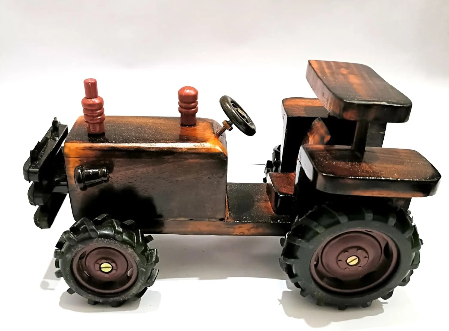 Handcrafted Wooden Tractor Model, Rustic Brown Finish, Decorative Farm Vehicle