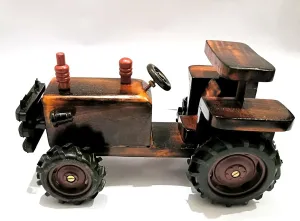Handcrafted Wooden Tractor Model, Rustic Brown Finish, Decorative Farm Vehicle