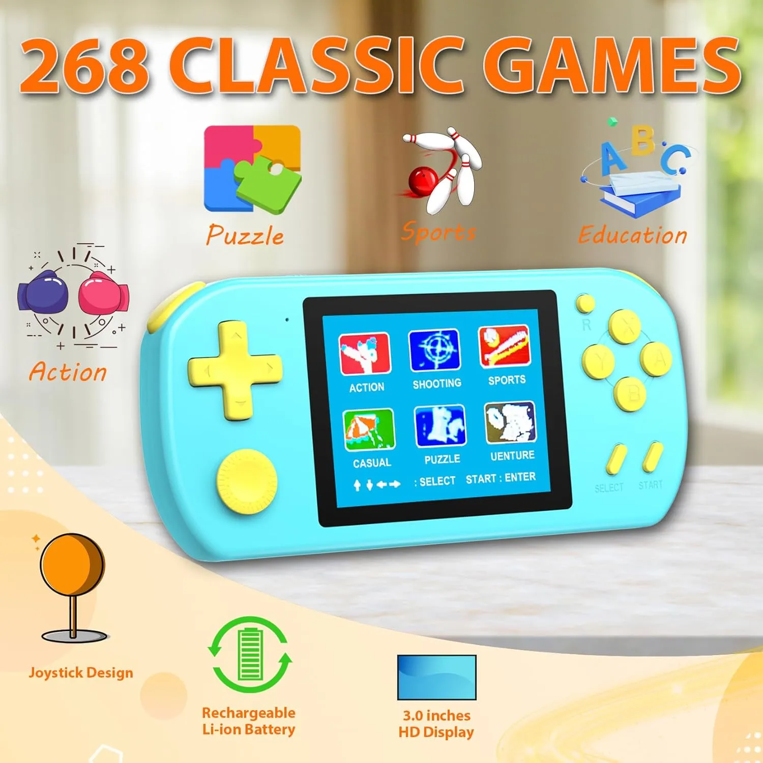Handheld Games for Kids Adults with Built in 268 Classic Retro Video Games,3.0'' Color Screen Rechargeable Portable Arcade Gaming Player,Boys Girls Travel Electronics Toys Birthday Gift (A-Blue)