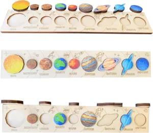 Handmade Wooden Solar Puzzles for Kids Ages 4-8 - Montessori Material Solar System and Planets Wooden Toy -Early Learning Educational Games (Rec101)