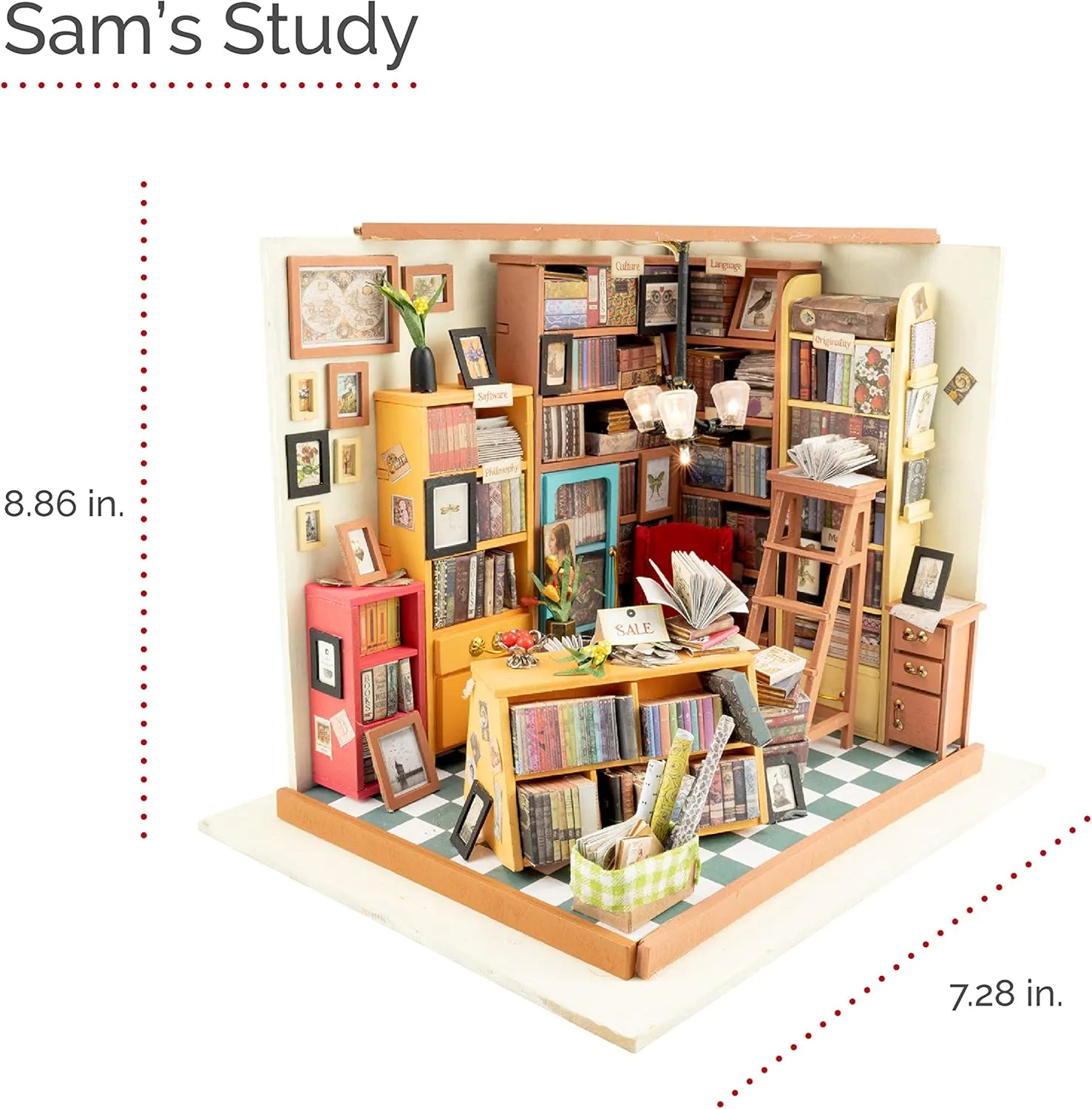 Hands Craft DIY Miniature Dollhouse Kit - Sam's Study 3D Model Tiny House Building with LED Lights Wood Prefabricated Pieces Puzzle 1:24 Scale Crafts for Adults and Teens DG102