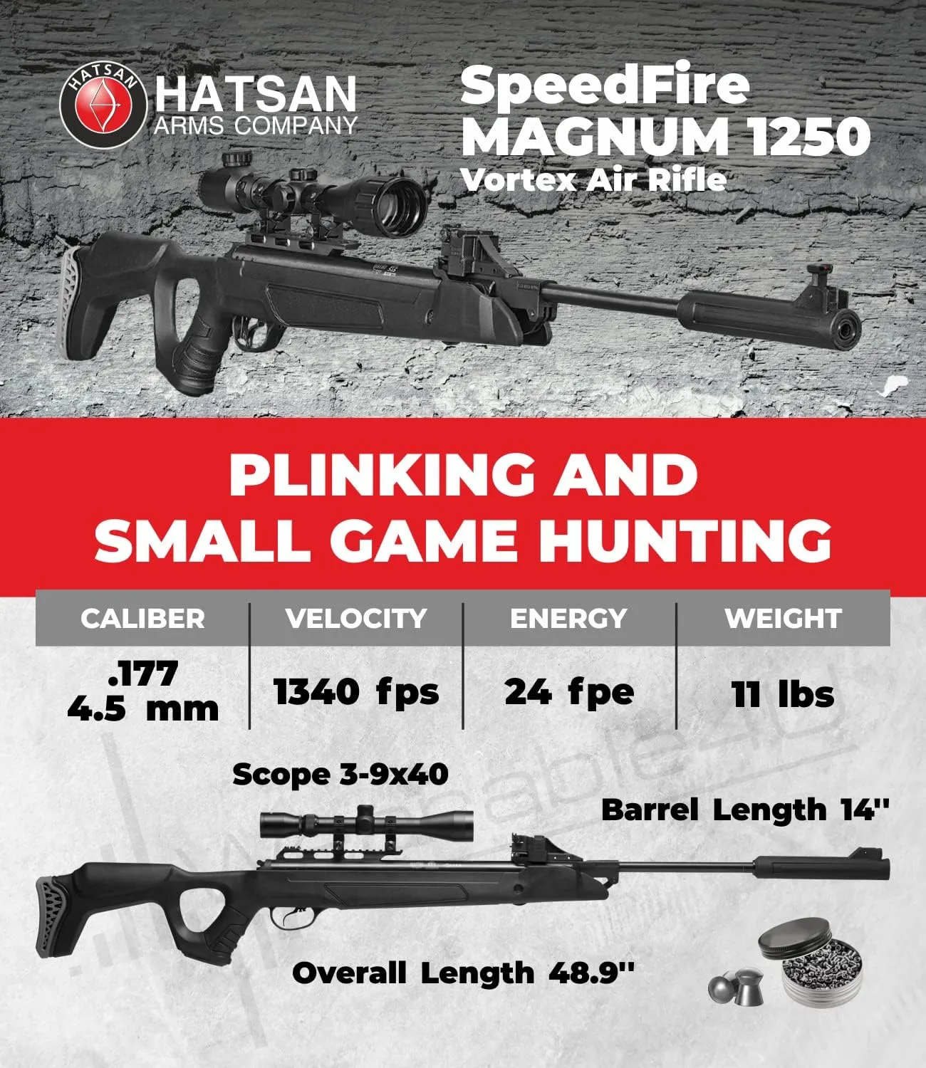 Hatsan SpeedFire (Magnum 1250) Air Rifle, Black with Included Wearable4U Paper Targets and Pellets Bundle