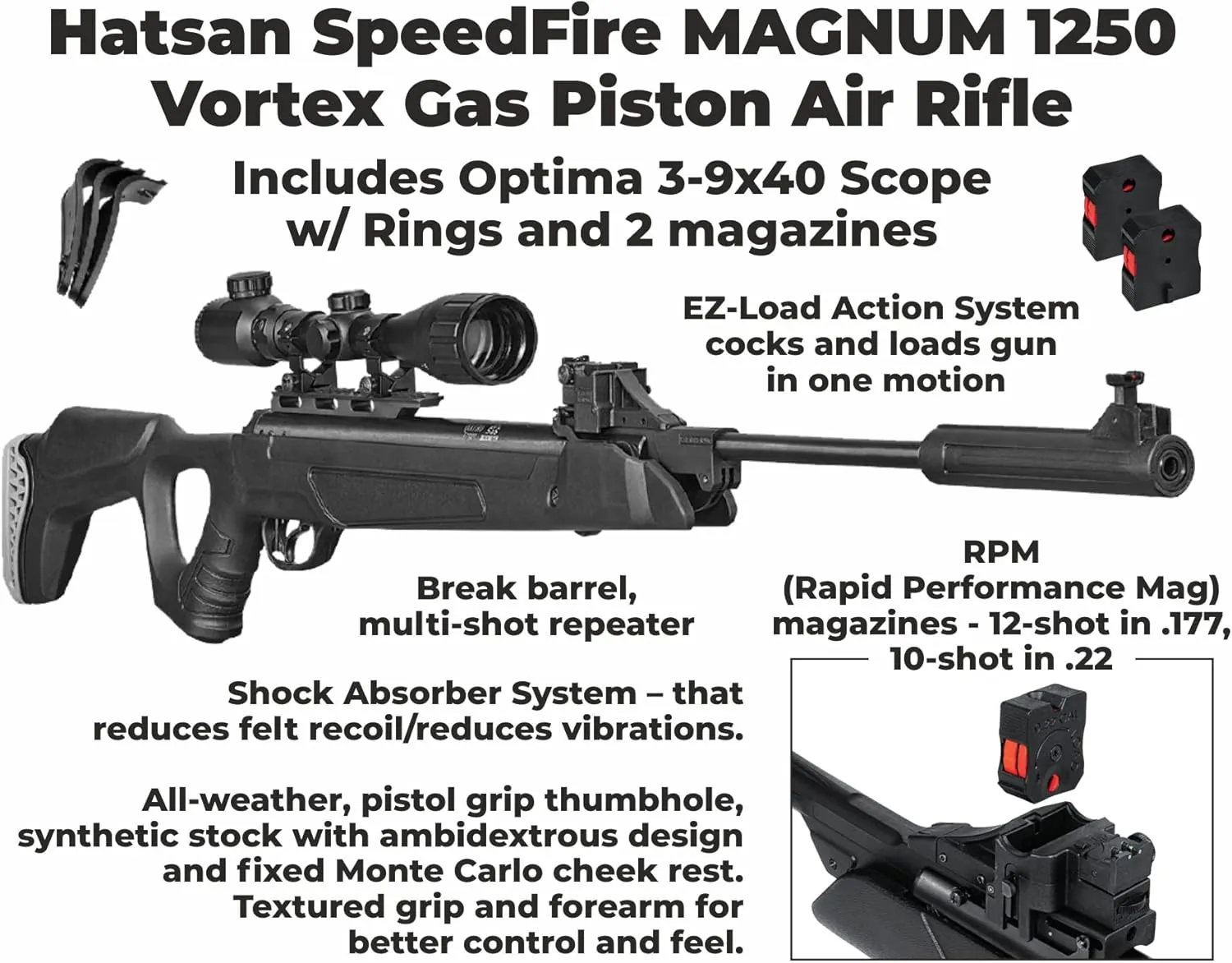 Hatsan SpeedFire (Magnum 1250) Air Rifle, Black with Included Wearable4U Paper Targets and Pellets Bundle