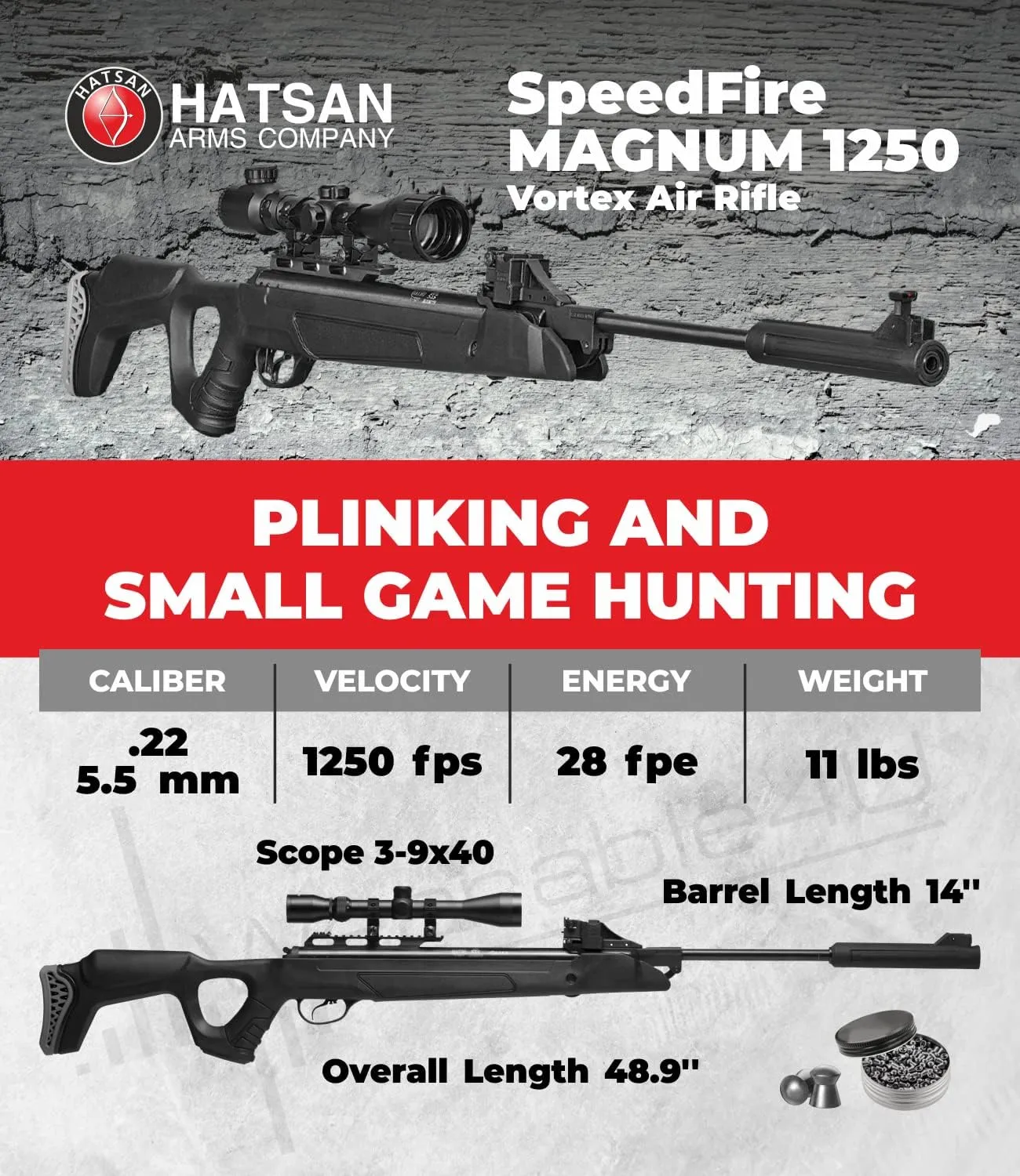 Hatsan SpeedFire (Magnum 1250) Air Rifle, Black with Included Wearable4U Paper Targets and Pellets Bundle
