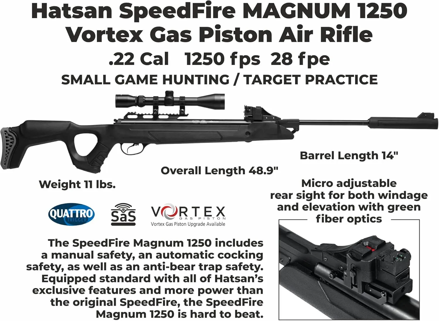Hatsan SpeedFire (Magnum 1250) Air Rifle, Black with Included Wearable4U Paper Targets and Pellets Bundle