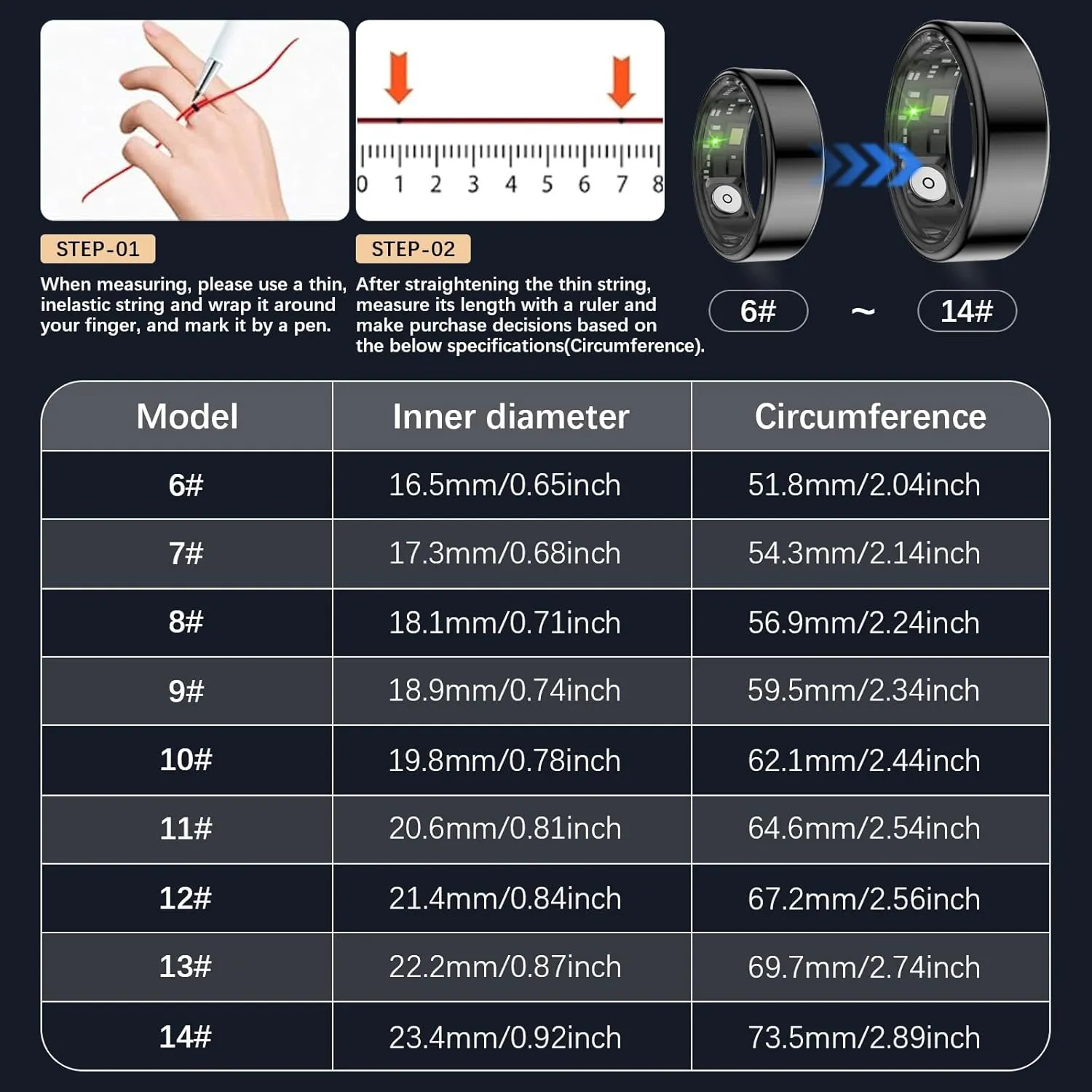 Health Tracker Ring, Smart Health Ring for Women Men with Heart Rate, Blood Oxygen, Sleep Monitor, Steps,Calories, No Subscription Fee, IP68 Waterproof Smart Ring for iPhone & Android (Black, 8#)