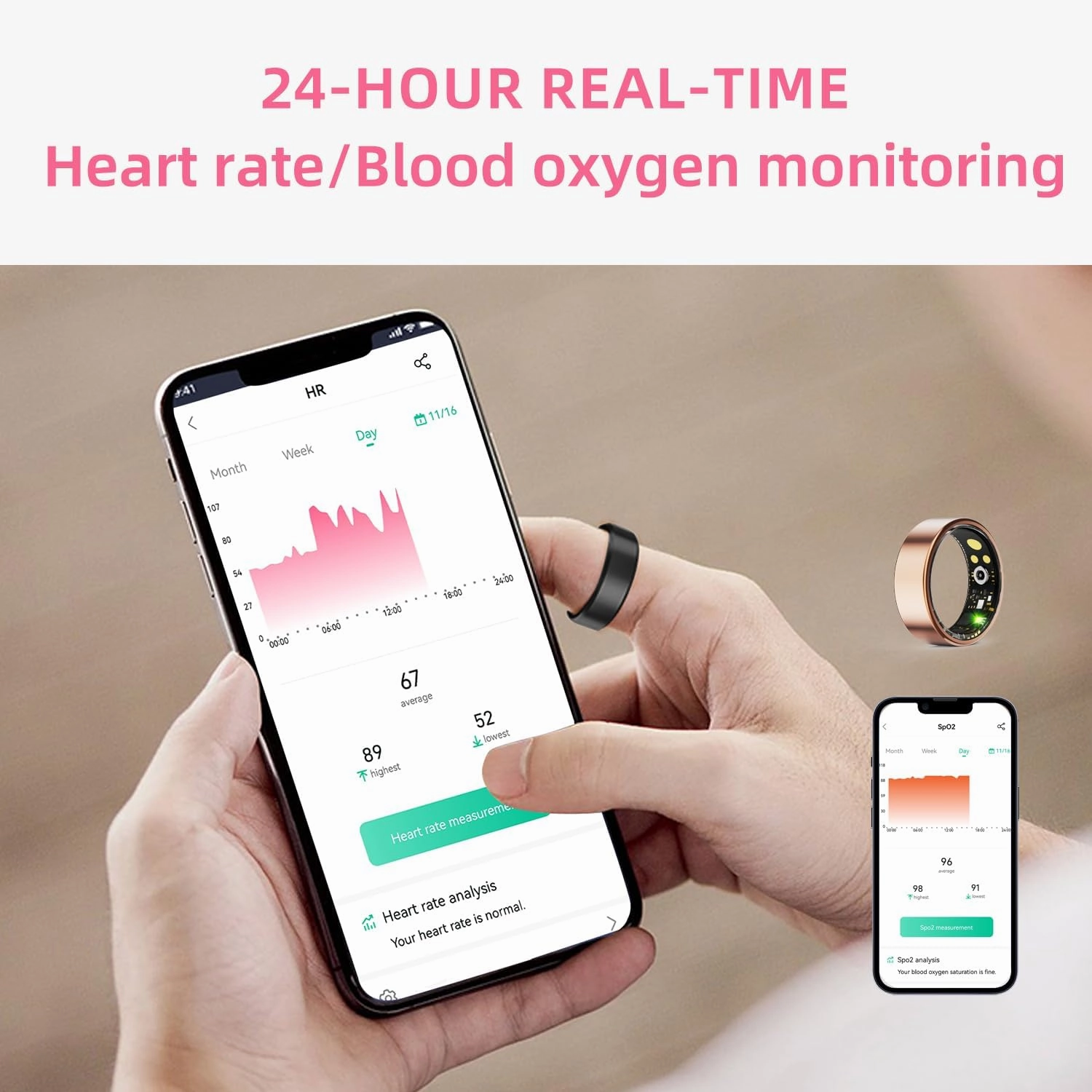 Health Rings for Women Men, Fitness Tracker with Heart Rate,Blood Oxygen, Blood Pressure, Sleep/Step Tracker, IP68 Waterproof Smart Ring for iPhone & Android (Gold, 9#)
