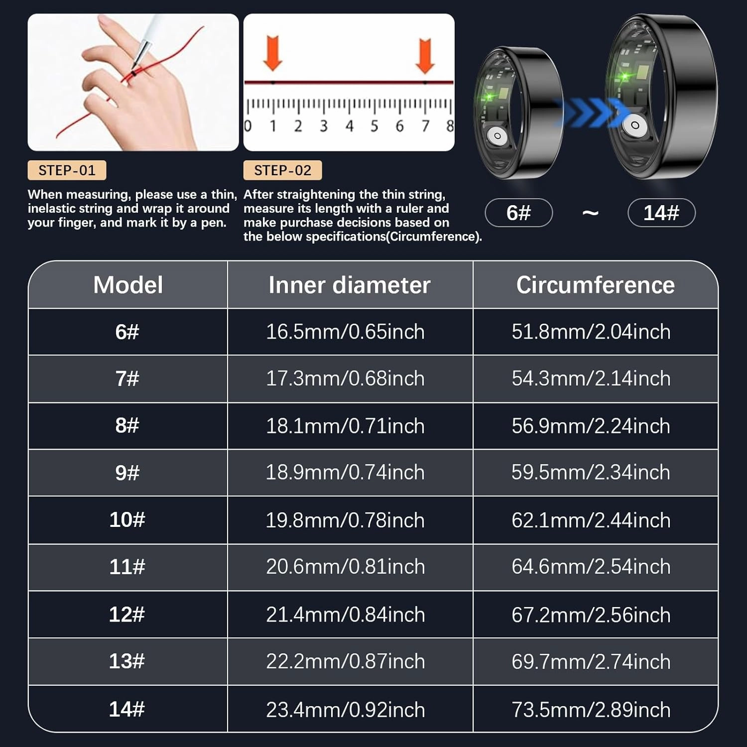 Health Tracker Ring, Smart Health Ring for Women Men with Heart Rate, Blood Oxygen, Sleep Monitor, Steps,Calories, No Subscription Fee, IP68 Waterproof Smart Ring for iPhone & Android (Black, 7#)