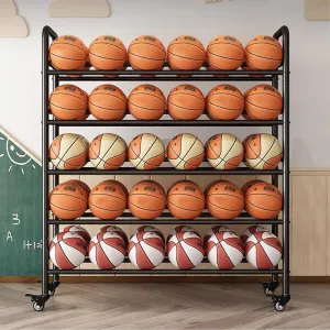 Heavy Duty Metal Basketball/Soccer/Volleyball Storage Stand, 5-Tier Rolling Cart Ball Racks with Lockable Wheels, Sports Equipment Organizer for Garage, Basement, Gym, School(Black,140x35x155cm)